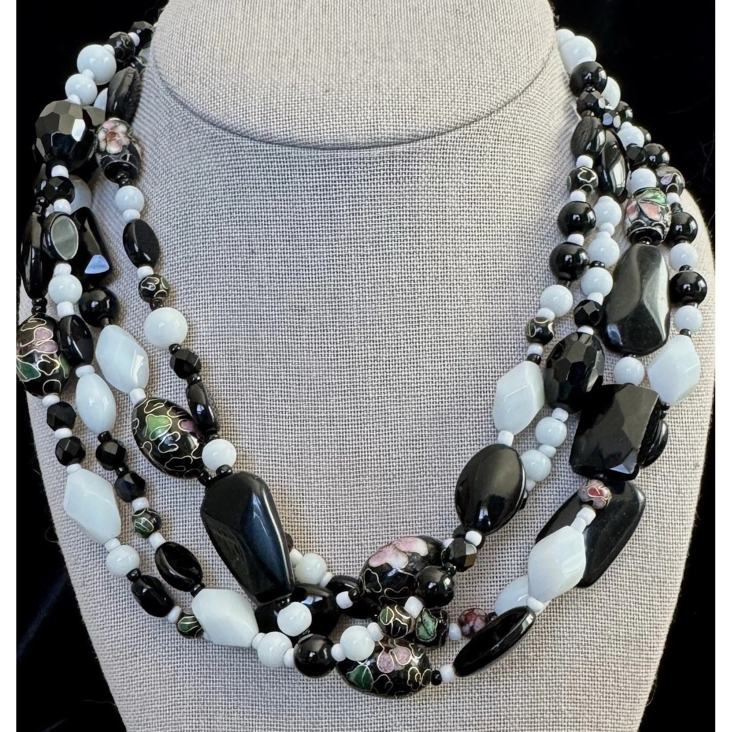 Vintage Cloisonne Bead Necklace Enhancer 3 Strand Black White Floral Statement